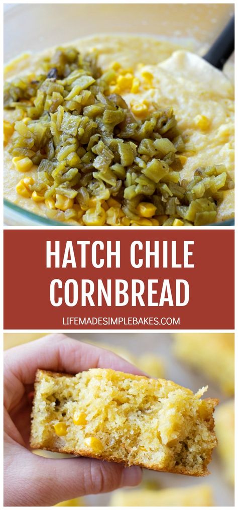 You're going to fall in love with this hatch chile cornbread. It's moist, tender and bursting with roasted chiles and sweet corn. #hatchchilecornbread #cornbread #hatchchiles #roastedchilecornbread Cornbread Recipe Green Chile, Hatch Chile Cornbread, Corn And Green Chili Bread, Chili Relent Cornbread, Hatch Green Chili Cornbread, Hatch Chili Cornbread, Chilli Relleno Cornbread, Chilies Rellenos Cornbread, Chile Rellenos Cornbread