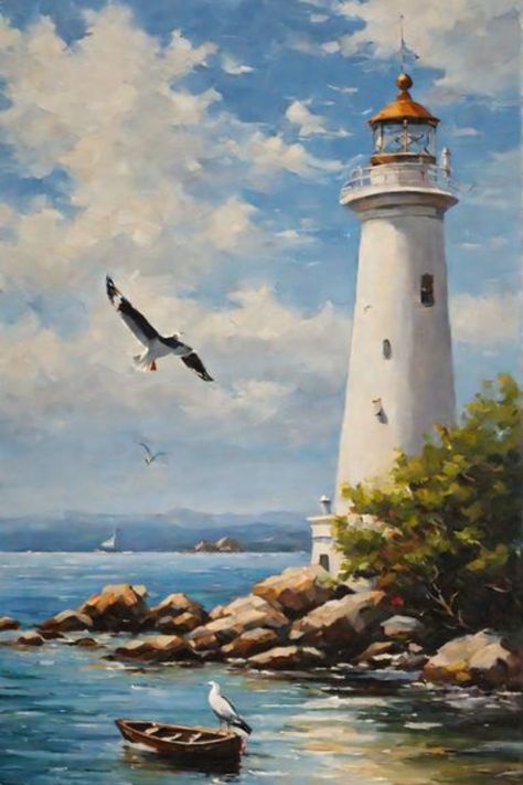 Lighthouses Watercolor Painting, Lighthouse Painting Ideas, Lighthouse Painting Acrylic, Beautiful Paintings Of Nature, Ocean Art Painting, Ocean Waves Painting, Lighthouses Photography, Sailing Art, Lighthouse Painting