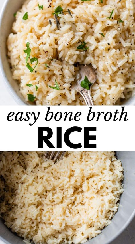 Rice In Bone Broth, How To Use Bone Broth In Recipes, Rice Bone Broth, Bone Broth Lunch Recipes, Rice And Broth Recipes, Recipes To Use Bone Broth In, Rice In Beef Broth, How To Cook With Bone Broth, Meals With Bone Broth