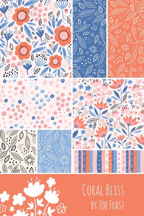 Coral and blue floral pattern collection by Zoe Feast pattern designer Fabric Repeat Patterns, Gouache Floral Pattern, Flower Surface Pattern, Floral Pattern Collection, Scandi Prints Patterns, Fabric Collection Textiles, Abstract Surface Pattern, Surface Pattern Portfolio, Surface Pattern Design Sell Sheets