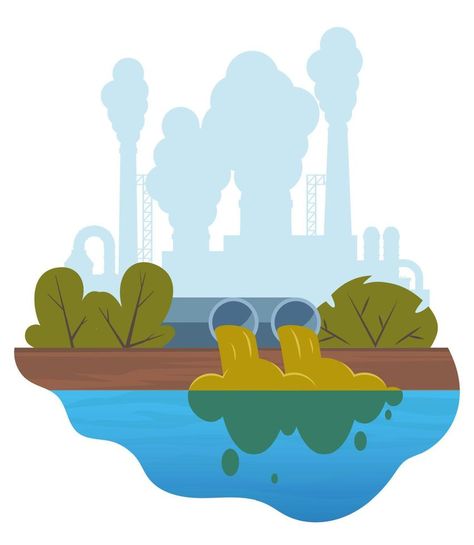 Dirty water stems from the pipe polluting the river. Discharge of liquid chemical waste. Factory in the background. The danger for the environment. Flat vector illustration for infographics. Advertisement Illustration, Chemical Waste, Liquid Waste, Flat Vector Illustration, Water Pollution, Flat Vector, Water Pipes, The River, Pollution