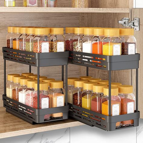 Spice Cabinet Organization, Organiser Cucina, Spice Rack Organization, Pull Out Spice Rack, Spice Jar Storage, Cabinet Spice Rack, Kabinet Dapur, Sliding Shelves, Spice Rack Organiser