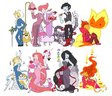 Characters and their genderbent counterparts dressed formally, Adventure Time Adventure Time Genderbend, Cartoon Adventure Time, Flame Prince, Art Adventure Time, Adveture Time, Prince Gumball, Flame Princess, Adventure Time Cartoon, Bravest Warriors