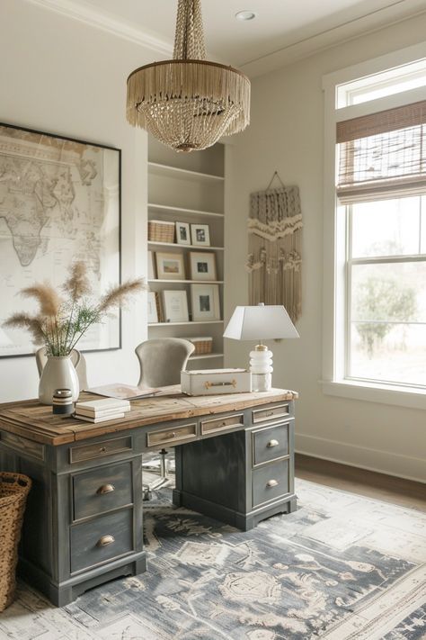 15 Feminine Home Office Ideas That Will Make You Want to Work All Day Blue Gray Desk, Home Office Layout Ideas Floor Plans, Grey Office Ideas, Feminine Home Office Classy, Professional Office Decorating Ideas, Office Sunroom, Girly Home Office, Feminine Home Office Ideas, Office Ideas For Work