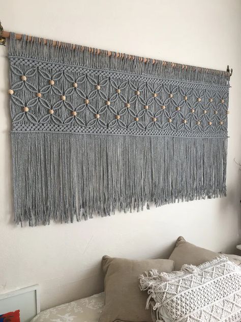 Gray Macrame Wall Hanging Headboard With Beads Beaded - Etsy Over Bed Art, Wall Hanging Headboard, Hanging Headboard, Headboard Modern, Bed Art, Macrame Headboard, Yarn Wall Art, Woven Decor, Macrame Wall Hanging Diy