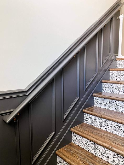 DIY Moody Staircase Shadow Box Trim Wall Wood Paneling Ideas Stairs, Basement Stairwell Wainscotting, Trim Ideas For Stairs, Stairwell Wainscoting Staircases, Decorating Closed Stairway Walls, Wainscoting Ideas Black, Wall Paneling Stairway, Adding Molding To Staircase, Entry Wainscoting Ideas