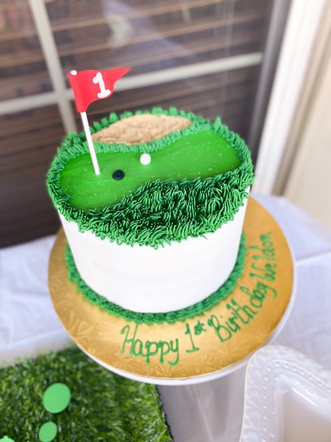 Golf Themed Birthday Party | Hole in One Par-Tee | One Year Birthday Party 1st Birthday Golf Theme Cake, Hole On One Birthday, Fore Birthday Boy Theme, First Birthday Golf Cookies, Diy Golf Cake, Masters Golf Cake, Golf Ball Smash Cake 1st Birthdays, Fourth Birthday Golf Theme, 1st Birthday Golf Cake