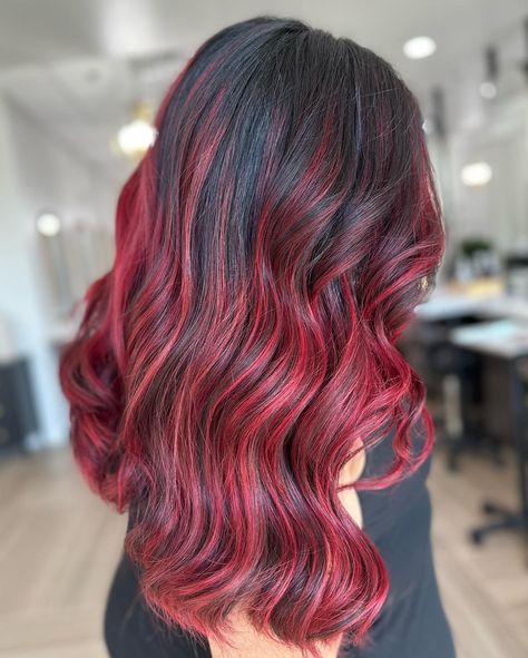 Balayage, Red Balayage Hair Curly, Volleyball Hairdos, Short Light Red Hair, Red Dye On Brown Hair No Bleach, Dark Red Balayage Hair, Red Hair With Red Highlights, Brown Hair With Red Balayage, Black And Red Balayage