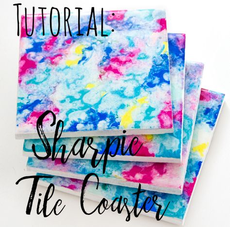 Colourful Sharpie Tile Coaster Craft — Doodle and Stitch Tile Coasters Diy Sharpie, Things To Do With Ceramic Tiles, Sharpie And Alcohol Art Tile Coasters, Sharpie Coasters Tile Diy, Modge Podge Coasters, Diy Painted Gifts, Tile Painting Craft, Ceramic Coaster Painting Ideas, Tile Crafts Ideas Ceramic