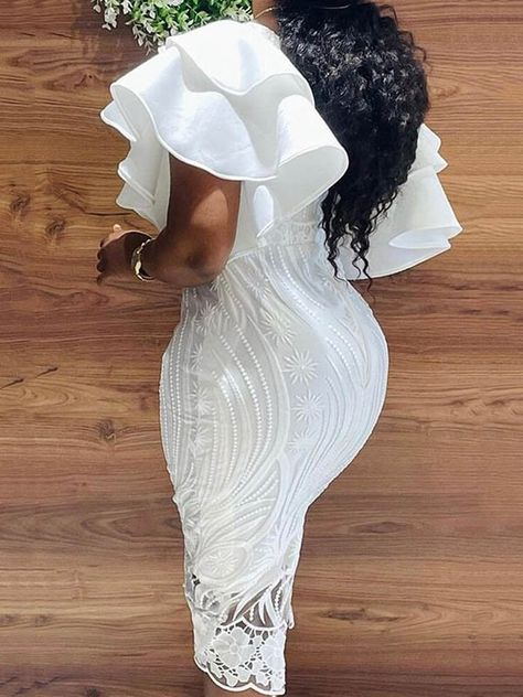 Elegant Off-The-Shoulder Plain Short Sleeve Wrap Lace Midi Dress Dresses For Women Classy, Classy Prom, Midi Dress Elegant, Midi Dress Chic, Lace Gown Styles, Lace Dress Styles, Best African Dresses, African Lace Dresses, Midi Dress Style