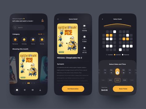 Pilm - Cinema Booking App 🎫 by Regi Pangestu for Enver Studio on Dribbble Cinema App Design, Book App Design, Film App, Figma Design, Creative Market Design, Ux Kits, Desain Ui, Movie App, Directory Design