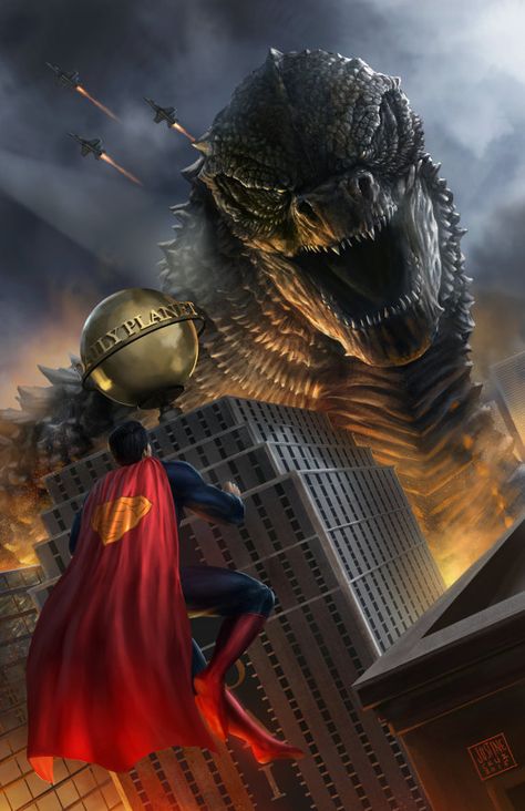 #Superman #Fan #Art. (Superman vs Godzilla) By: Prosscomics. (THE * 5 * STÅR * ÅWARD * OF: * AW YEAH, IT'S MAJOR ÅWESOMENESS!!!™)[THANK U 4 PINNING!!!<·><]<©>ÅÅÅ+(OB4E) Godzilla Art, Kal El, Superman Art, Start Running, Kaiju Art, Arte Dc Comics, Aw Yeah, Kaiju Monsters, Godzilla Vs