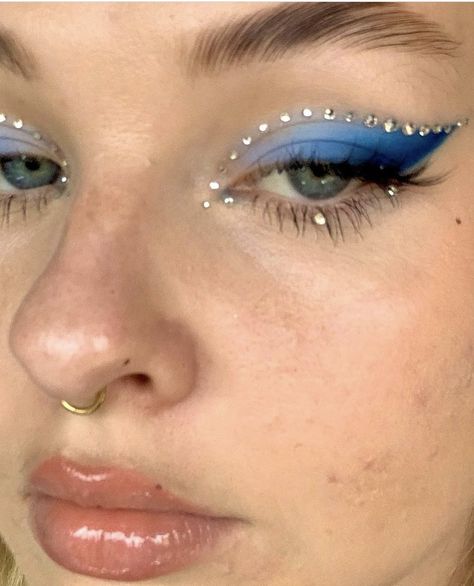 Dark Eyeshadow Looks For Blue Eyes, Competition Cheer Makeup, Rhinestone Makeup Hooded Eyes, Cheer Comp Makeup, Eyeshadow Looks With Rhinestones, Midnights Makeup, Royal Blue Eyeshadow, Cabello Aesthetic, Eras Fits