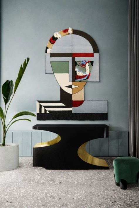 Eclectic design entryway wtih a modern console and a contemporary rug Modern Hallway Design, Contemporary Hallway, Hallway Design, Leather Rug, Modern Hallway, Wall Rug, Entry Way Design, Tableau Art, Eclectic Design