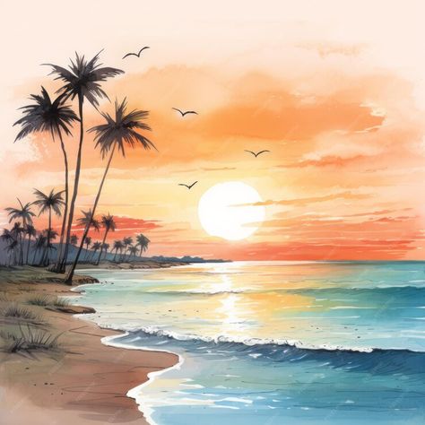 Beach Sunset Drawing Colored Pencil, Sun Set Watercolor, Watercolor Palm Tree Sunset, Sunset Beach Watercolor Painting, Ocean Watercolour Painting, Sunset At The Beach Painting, Watercolour Beach Painting, Watercolor Art Sunset, Watercolor Sunset Beach
