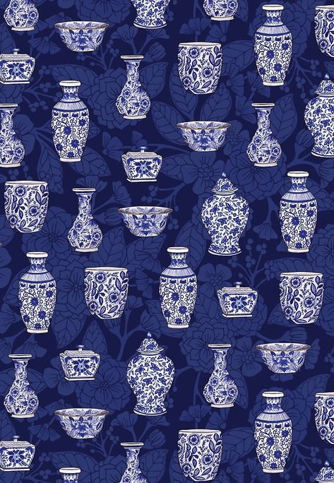 "Blue & White Chinoiserie/ Delftware Pottery Pattern" by somecallmebeth | Redbubble Blue Pottery Patterns, Chinese Blue And White Porcelain Pattern, Blue Pottery Designs Pattern, Blue And White Porcelain Pattern, Blue And White China Pattern, Chinese Porcelain Pattern, Blue Pottery Designs, Chinoiserie Patterns, Chinese Blue And White Porcelain