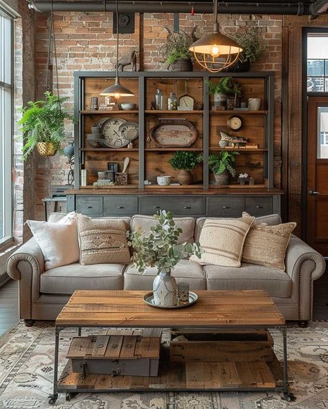 How to Blend Modern and Rustic with Industrial Farmhouse Decor • 333+ Art Images Industrial And Farmhouse Decor, Rustic Boho Home Design, Industrial Farmhouse Furniture, Industrial Farmhouse Style, Farmhouse Living Room With Black Accents, Rustic Industrial Color Palette, Industrial Farmhouse Ideas, Antique Industrial Decor, Industrial Antique Decor