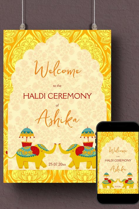 Haldi welcome sign poster instant download yellow arch frame cute Indian wedding elephants Wedding Welcome Boards, Haldi Poster, Couple Illustration Wedding, Frame Cute, Haldi Decor, Wedding Welcome Board, Arch Frame, Wedding Caricature, Illustration Wedding