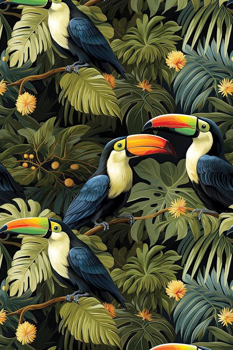Croquis, Jungle Pattern Design, Jungle Painting Easy, Jungle Wallpaper Tropical Prints, Jungle Print Wallpaper, Animal Iphone Wallpaper, Animals In Jungle, Toucan Wallpaper, Animal Seamless Pattern