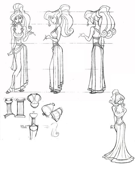 Disney - Megara Character Sheet Disney, Concept Art Turnaround, Disney Character Turnaround, Disney Artstyle Reference, Disney Model Sheet, Disney Character Sheet, Atlantis Character Design, Disney Art Style Character Design, Disney Concept Art Character Design