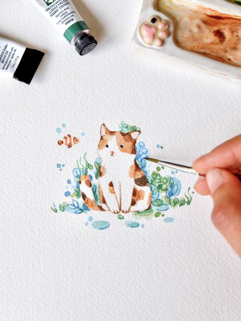 Watercolor Art Cute Animals, Simple Drawings With Watercolor, Cute Watercolor Paintings Animals, Painting Beginners Watercolor, Watercolor Art Kawaii, Easy Beautiful Watercolor Paintings, Watercolor Art Cute Cartoon, Watercolor Dog Illustration, Cat Watercolor Illustration