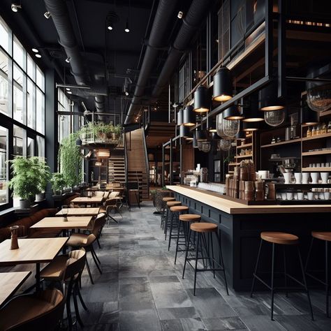 Black And Wood Coffee Shop, Rustic Coffee Shop Interior Design, Rustic Modern Coffee Shop, Wooden Coffee Shop Design, Spooky Cafe Aesthetic, Courtyard Cafe Design, Black Cafe Design, Modern Industrial Cafe Interior Design, Industrial Cafe Aesthetic