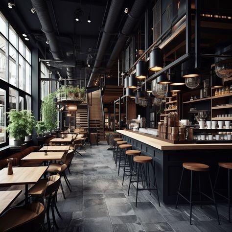 Black And Wood Coffee Shop, Rustic Modern Coffee Shop, Industrial Style Restaurant Design, Industrial Cafe Aesthetic, Modern Industrial Cafe Interior Design, Cafe And Bar Interior Design, Black Cafe Design, Neighborhood Bar Design, Modern Industrial Coffee Shop