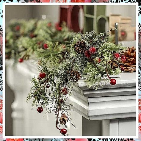 Christmas Mantel - Ready for more amazing ideas? - Click to visit for more. Do It IMMEDIATELY!! Natal, Christmas Mantle Decor Fireplaces Rustic, Christmas Mantel Decorating Ideas Simple, Pine Garland Christmas, Garland Mantle, Christmas Garland Mantle, Christmas Fireplace Mantels, Christmas Florals, Faux Branches