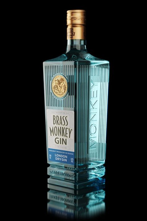 Gin label and bottle design for Brass Moneky Gin. Keep the monkey palying 🐒 Liquor Bottle Design, Gin Bottle Design, Alcohol Bottle Design, Gin Label, Alcohol Brands, Vodka Labels, Baijiu, Gin Brands, Brass Monkey