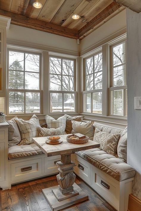 Window Nook Decor, Seating Area In Kitchen, Breakfast Nook Sitting Area, Nook Bench, Kitchen Bay Window, Elegant Kitchen Decor, Window Seat Kitchen, Breakfast Nook Ideas, Kitchen Technology