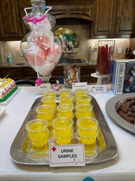 Medical Assistant Party Ideas Graduation, Nurse Themed Appetizers, Nursing Graduation Food Ideas, Medical Theme Party Ideas, Nursing Halloween Party, Nurse Alcohol Drinks, Nursing Home Theme Party, Veterinary Themed Party, Veterinarian Themed Party