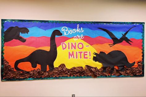 #reading #middleschoolela #bulletinboardideas #librarydesign Dinosaur Classroom Theme, Dinosaur Bulletin Boards, Dinosaur Display, Dinosaur Classroom, Dinosaur Theme Preschool, Dinosaur Activities Preschool, Dinosaurs Preschool, Library Themes, Library Book Displays