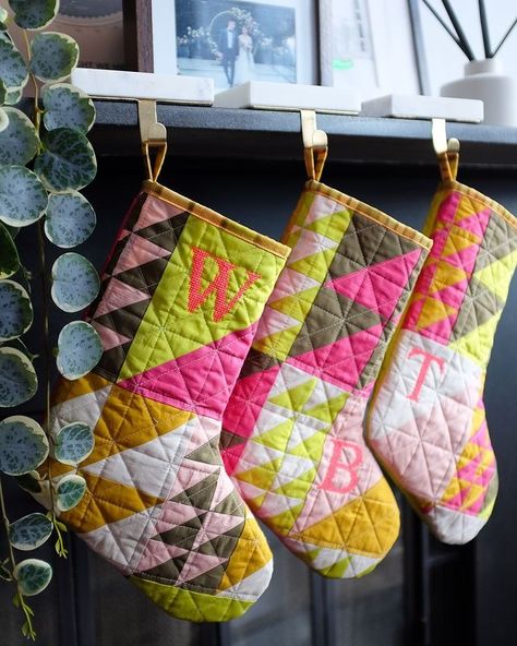 Patchwork, Small Quilted Gifts, Cherry Lip Gloss, Turmeric Lemonade, How To Embroider Letters, Quilted Stocking, Geometric Patchwork, Quilted Christmas Stockings, Stocking Designs