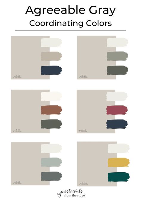 Paint Colors Palettes, Agreeable Gray Coordinating Colors, Agreeable Grey Color Scheme, Best Greige Paint Colors, Best Greige Paint, Best Greige, Popular Neutral Paint Colors, Sherwin Williams Agreeable Gray, Colours That Go With Grey