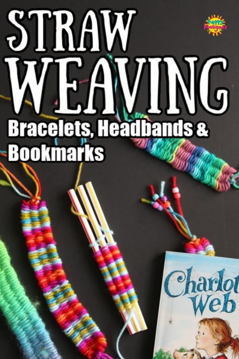 Straw Weaving is easy and fun activity for tweens and teens. They can make headbands, bracelets, necklaces and bookmarks using just 3 drinking straws and some scrap yarn. #HappyHooligans #Yarn #Crafts #Easy #Craft #Tweens #Teens #CraftCamp #CampCraft #Weaving #Homemade #ClassicCraft #FineMotor #FibreCraft Yarn Crafts Easy, Make Headbands, Yarn Crafts For Kids, Straw Crafts, Happy Hooligans, Weaving For Kids, Straw Weaving, Crafts For Teens To Make, Scrap Yarn