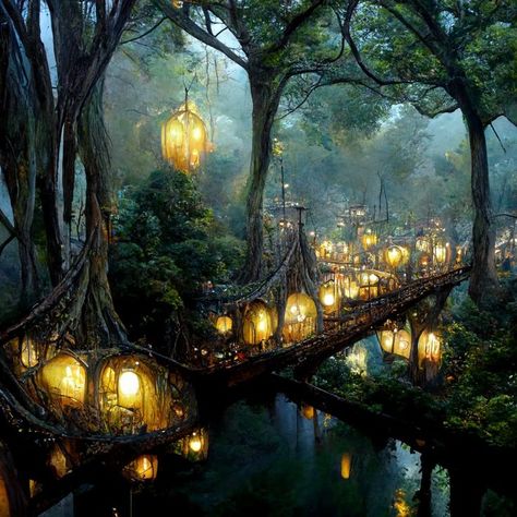 Woodland City Fantasy Art, Ancient Forest Fantasy Art, Underground Elven City, Fairy City Fantasy Art, Fantasy Tree City, Elven Forest City, Wood Elf City, Forest Civilization, Fantasy Forest City