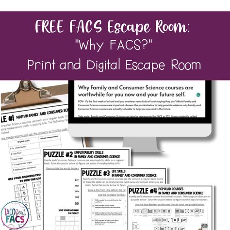 Looking for a fun, free, engaging way to teach your students about the value of Family and Consumer Science courses? Check out the FREE 4 puzzle print and digital escape room. Learn more from the Taco Bout FACS blog post. Consumer Science Project Ideas, High School Family Consumer Science Classroom, Family Consumer Science Classroom, Family And Consumer Science Classroom, Facs Lesson Plans, Fcs Classroom, Facs Classroom, Digital Escape Room, Science Classroom Decorations