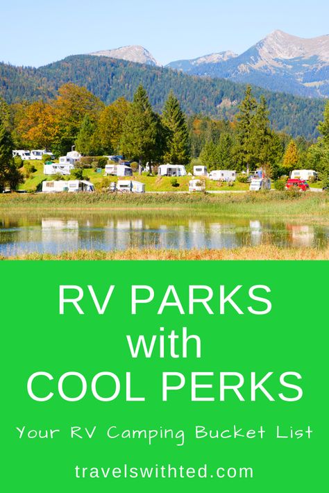 What's the newest and most exciting thing on the RV camping scene? Check out our list of the top RV parks, resorts and campgrounds in the USA. Of course a lot of RVers love nothing more than escaping into the middle of nowhere and disconnecting in the woods. But these unique RV resorts should be on your RV destination bucket list! RV Camping | RV Destinations | Campgrounds | RV Parks | RV Resorts Rv Camping Locations, Rv Parks And Campgrounds Ideas, Free Rv Camping Sites, Rv Destinations Road Trips, Rv Campground Design, Best Rv Parks In Us, Rv Park Ideas, Rv Vacation Ideas, Texas Rv Parks