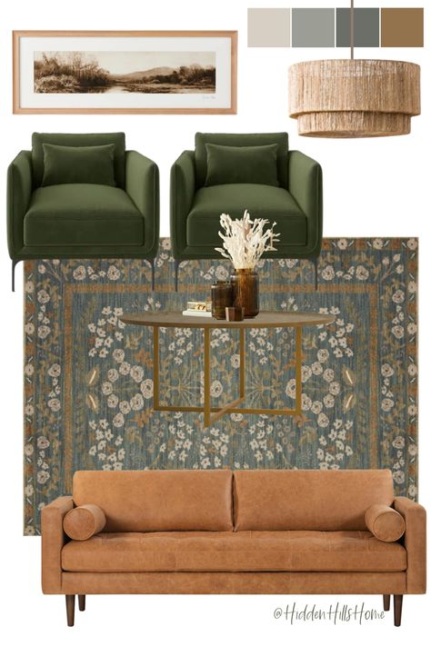 Living room decor mood board with a leather sofa and green accent chairs! Living room decor ideas Leather Couch And Green Chair, Two Green Accent Chairs In Living Room, Sitting Room Ideas Chairs, Accent Chairs For Green Couch, Leather Couch Green Chair, Dark Green Living Room Accents, Dark Green Accent Chair Living Room, Brown Couch Green Chair, Brown Leather Couch With Accent Chairs