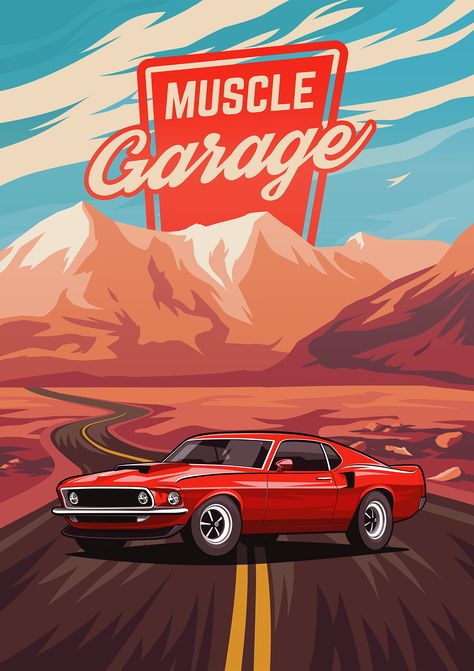 Ford Mustang Boss 1969 illustration by @dmaryashin Mustang Digital Art, Classic Cars Illustration, Ford Mustang Drawing, Retro Car Drawing, Mustang Illustration, Car Illustration Art, Retro Car Illustration, Cars Posters, Auto Illustration