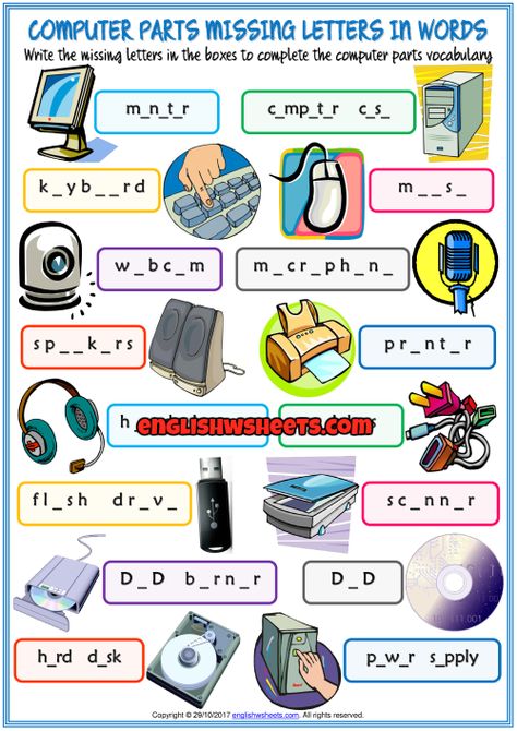 Computer Parts Missing Letters In Words Exercise Worksheet Computer Basics Worksheet, Computer Activity Ideas, Parts Of Computer Worksheet, Teaching Computer Skills, Computer Activities For Kids, Parts Of A Computer, Technology Vocabulary, Computer Science Lessons, Computer Lab Lessons