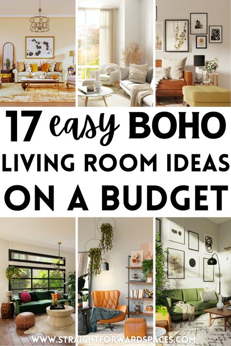 Here you will find 17 easy Boho living room ideas to transform your room on a budget, there are pictures of a variety of different living rooms, all with unique decorations and colour schemes. Some common themes are wall art, plants, pops of color, throws, cushions and rugs. Small Modern Boho Living Room, Living Room Inspo Modern Boho, Boho Basement Living Room, Boho Wall Ideas For Living Room, Earth Living Room Decor, Bohemium Living Room, Grey And Brown Boho Living Room, Living Room Decor Boho Farmhouse, Boho Elegant Living Room