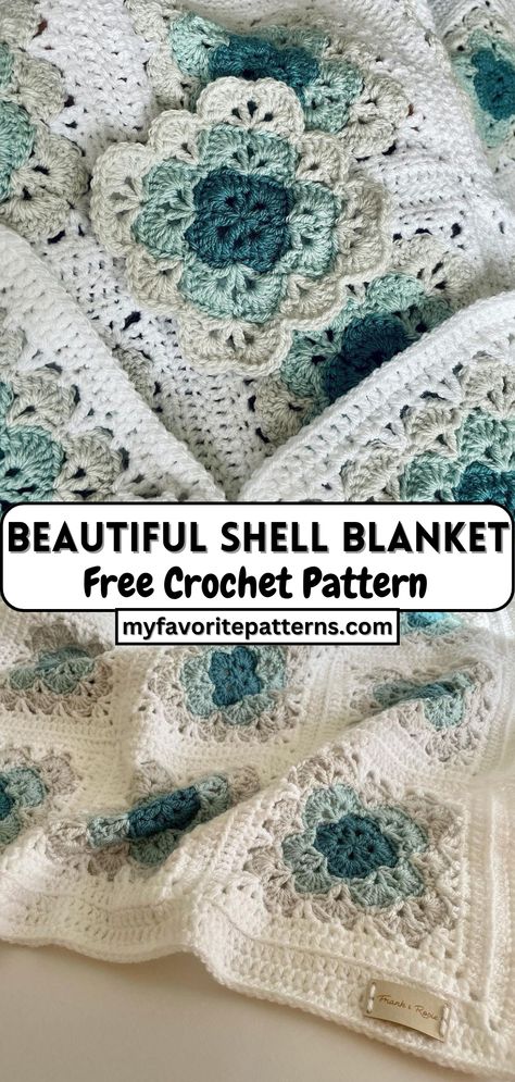 Amigurumi Patterns, Seashell Granny Square Crochet, Crochet Wave Granny Square, Ocean Shell Crochet Blanket, Crochet Shell Square, Shell Square Crochet Pattern, Crochet Shell Granny Square, Crochet Shell Granny Square Blanket, Granny Square Shell Pattern