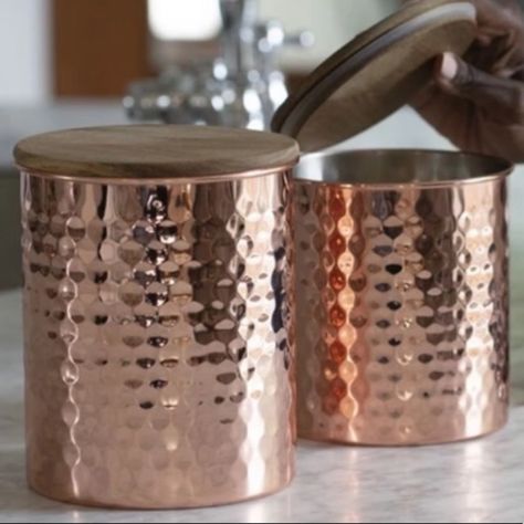 Uncommon James Hammered Copper Canister Set New In Box Includes: Set Of 2 Canisters With Wood Lids 880ml /25oz & 1470ml /45oz Msrp $78 Take Your Kitchen To The Next Level With These Hammered Copper Canisters, Perfect To Store Your Morning Coffee, Sugar, Or Ingredients For That Sunday Afternoon Baking Sesh. This Set Of 2 Comes With One Medium And One Large Canister, Both With Smooth Wooden Lids To Add A Rustic Touch To Any Chic Space. Smoke-Free, Pet-Free Uncommon James Copper Canisters