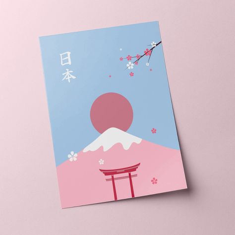 Mount Fuji 富士山 - Illustration on Behance Japan Art Painting, Asian Painting Ideas, Easy Japanese Painting Ideas, Japan Aesthetic Illustration, Japan Inspired Art, Japanese Landscape Illustration, Easy Japanese Painting, Japanese Art Easy, Japan Painting Easy