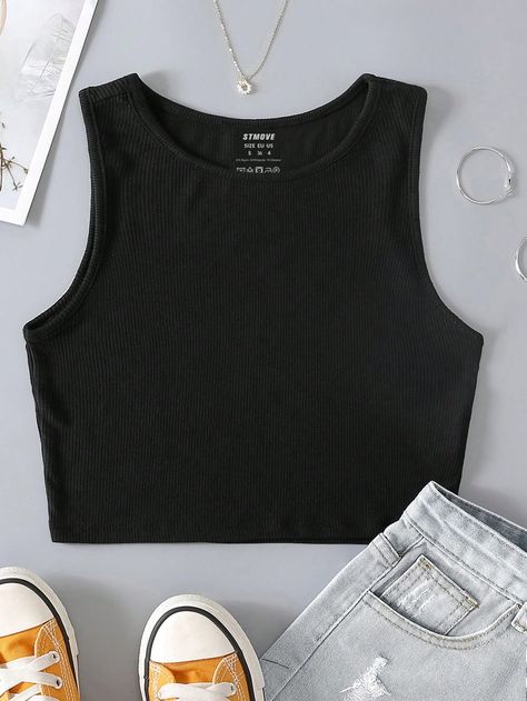 Black Casual Collar  Fabric Plain Tank Embellished Slight Stretch Spring/Fall,Summer Women Clothing Manche, Cropped Tank Top Outfit, Black Crop Tank Top, Ribbed Knit Tank Top, Black Tank Top Women, Mode Rose, Black Cropped Tank, Black Crop Top Tank, Tank Top Outfits
