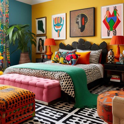 12+ Innovative Bedroom Pop Design Ideas to Try • 333+ Images • [ArtFacade] Pop Art Home Design, Bold Colorful Interior Design, Rich Tones Bedroom, Bedroom With Bright Colors, Colorful Bedroom With Black Furniture, Bright Coloured Bedroom Ideas, Eclectic Bohemian Bedroom, Eclectic Chic Bedroom, Eccletic Room Ideas
