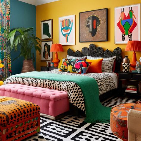 12+ Innovative Bedroom Pop Design Ideas to Try • 333+ Images • [ArtFacade] Pop Art Home Design, Rich Tones Bedroom, Bold Colorful Interior Design, Bedroom With Bright Colors, Colorful Bedroom With Black Furniture, Bright Coloured Bedroom Ideas, Pop Art Bedroom Decor, Eclectic Bohemian Bedroom, Eclectic Chic Bedroom