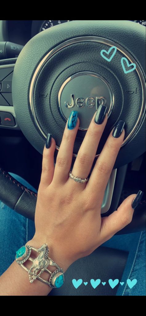 Almond Western Acrylic Nails, Dark Blue Western Nails, Dark Western Nails, Black And Turquoise Nails, Dark Turquoise Nails, Western Summer Nails, Summer Western Nails, Punchy Western Nails, Fun Selfies