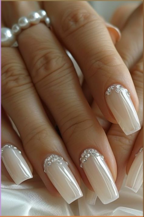 bridal nails Nails Acrylic For Bride, Bridal Nails Ivory, Silver Nail Designs For Wedding, Wedding Nails With Jewels, Bridal Nail Inspiration, Wedding Bride Nails Ideas, Long Wedding Nails For Bride, Ivory Wedding Nails For Bride, Wedding Acrylic Nails For Bride